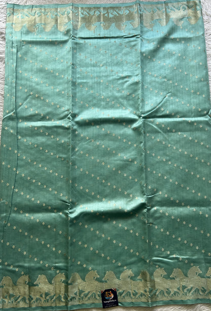 Chiniya Silk Saree Sea Blue Colored Elegantly Paired with a Zari Border. - Sampradaya Designer Studio