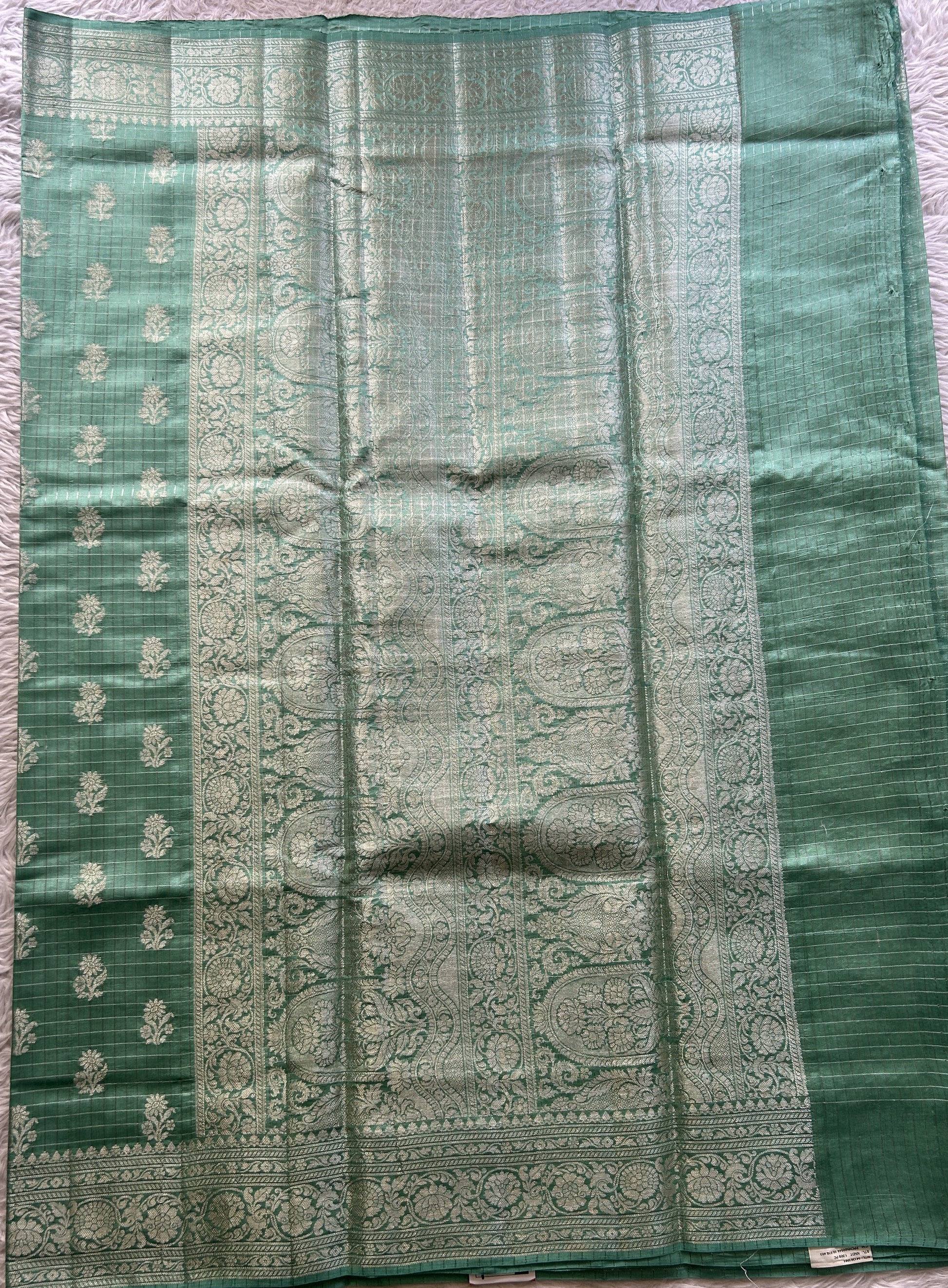 Chiniya Silk Checks Saree Dusty Blue Colored Elegantly Paired with a Zari Border. - Sampradaya Designer Studio