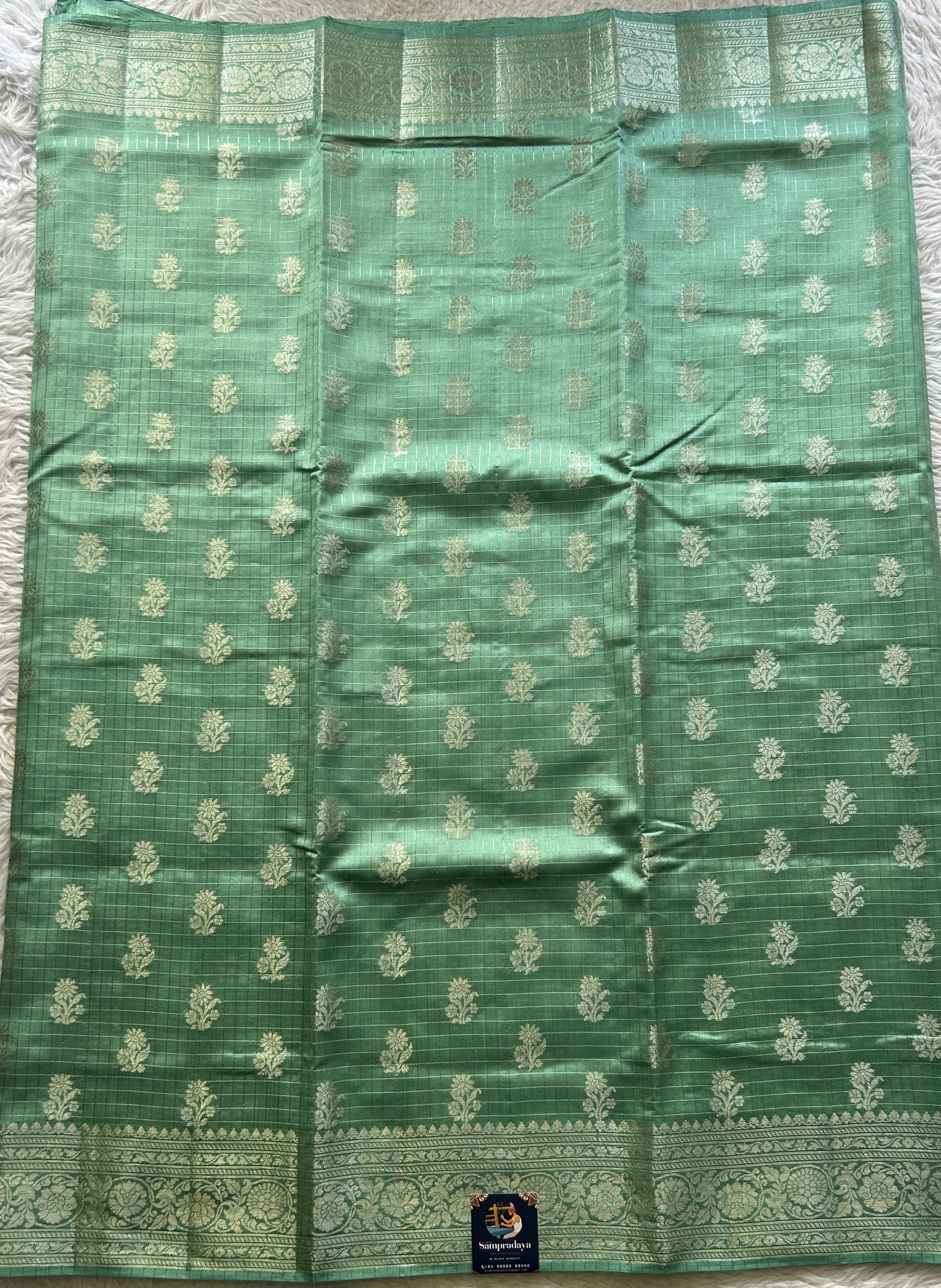 Chiniya Silk Checks Saree Dusty Blue Colored Elegantly Paired with a Zari Border. - Sampradaya Designer Studio