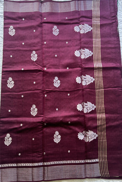 Chiniya Silk Saree Wine Colored Elegantly Paired with a Zari Border. - Sampradaya Designer Studio