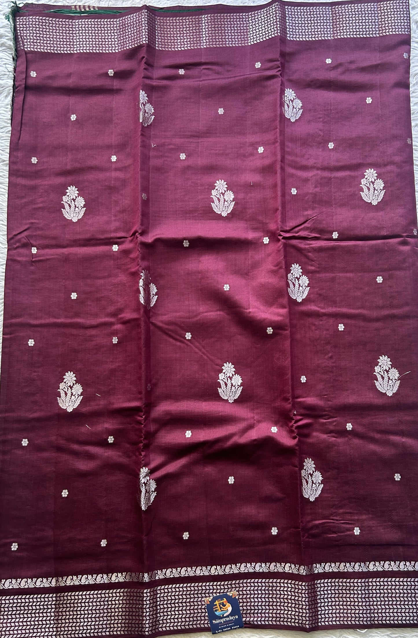 Chiniya Silk Saree Wine Colored Elegantly Paired with a Zari Border. - Sampradaya Designer Studio