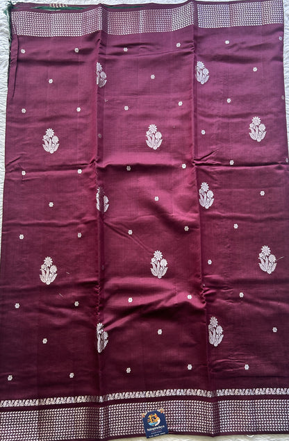 Chiniya Silk Saree Wine Colored Elegantly Paired with a Zari Border. - Sampradaya Designer Studio
