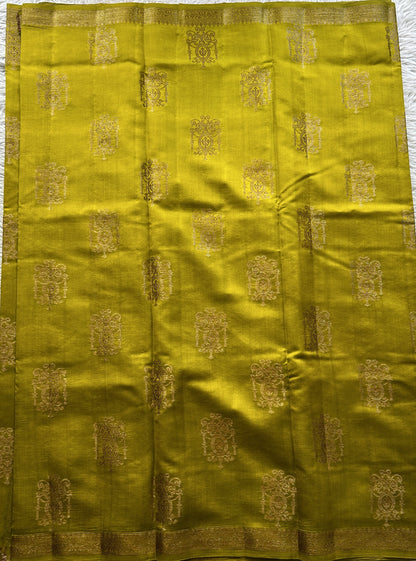Chiniya Silk Saree Yellow Colored Elegantly Paired with a Zari Border. - Sampradaya Designer Studio