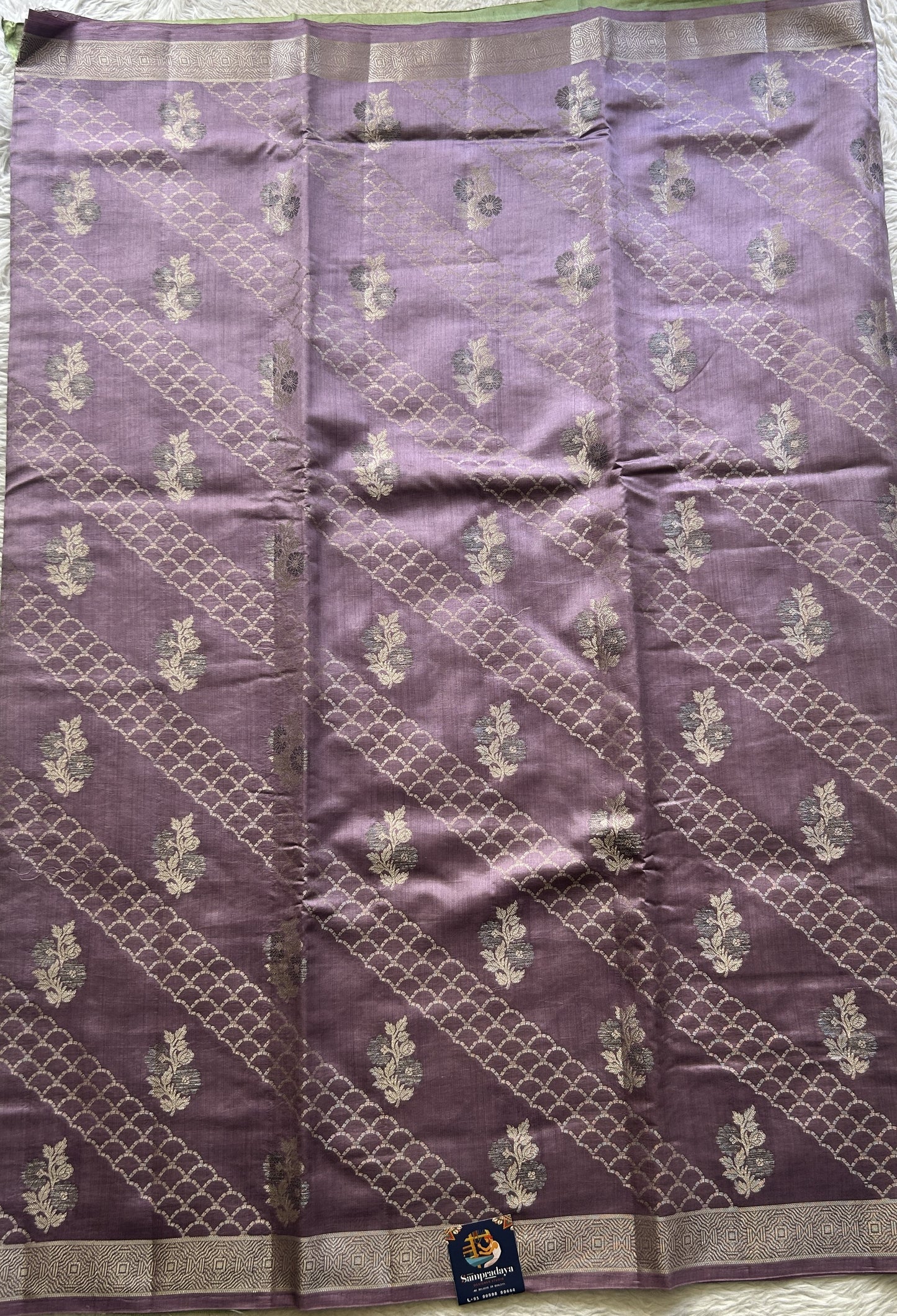Chiniya Silk Saree Lavender Colored Elegantly Paired with a Zari Border. - Sampradaya Designer Studio