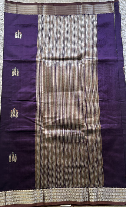 Banarasi Katan Silk Saree Brinjal Colored Elegantly Paired with a Zari border. - Sampradaya Designer Studio