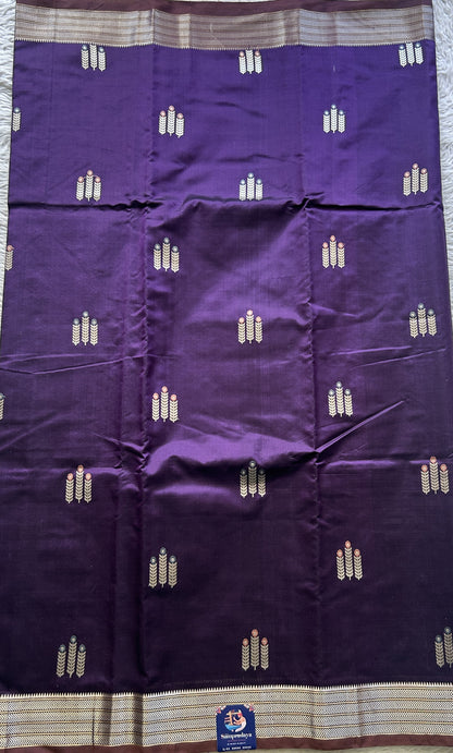 Banarasi Katan Silk Saree Brinjal Colored Elegantly Paired with a Zari border. - Sampradaya Designer Studio