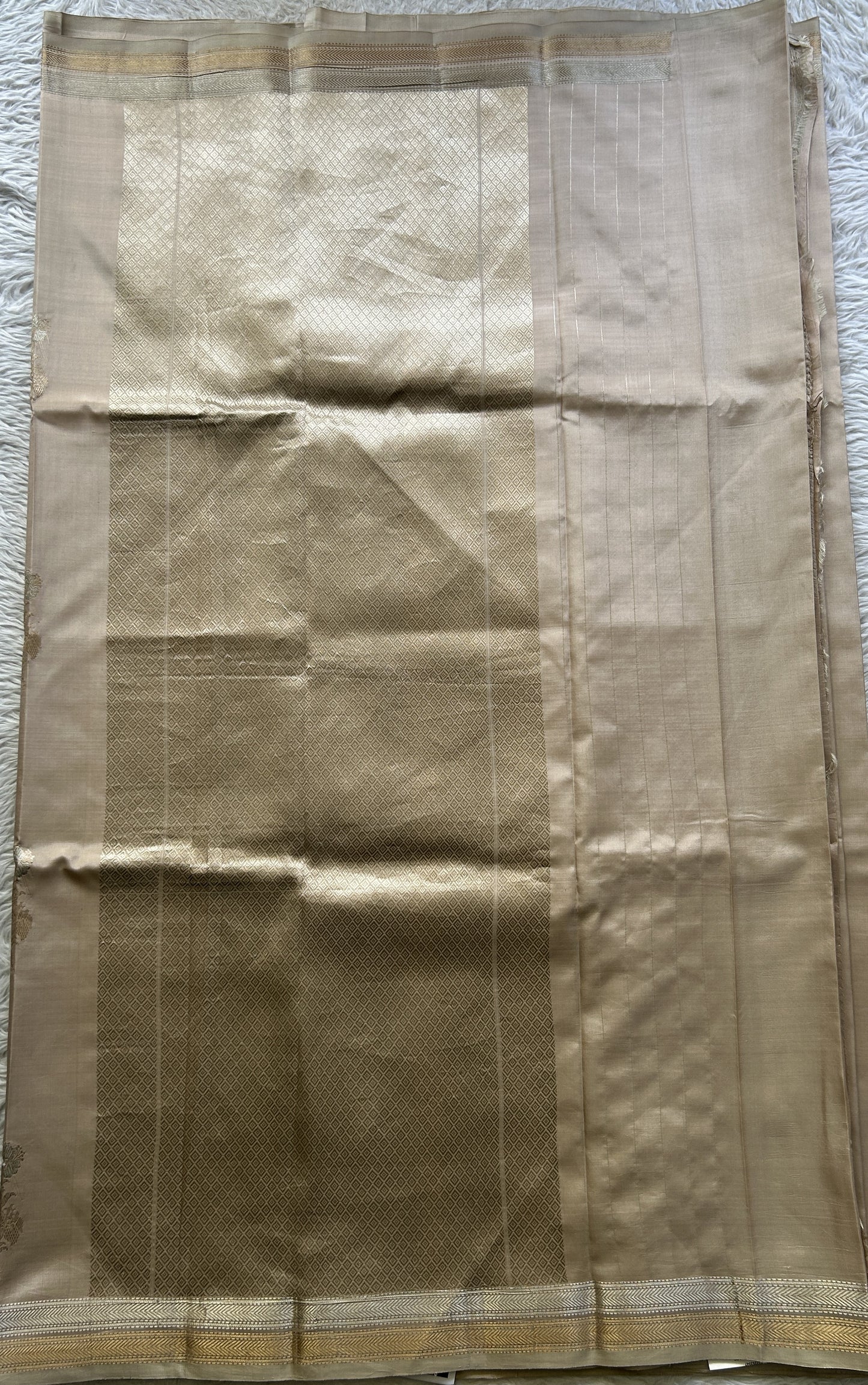 Banarasi Katan Silk Saree Biscuit Colored Elegantly Paired with a Zari border. - Sampradaya Designer Studio