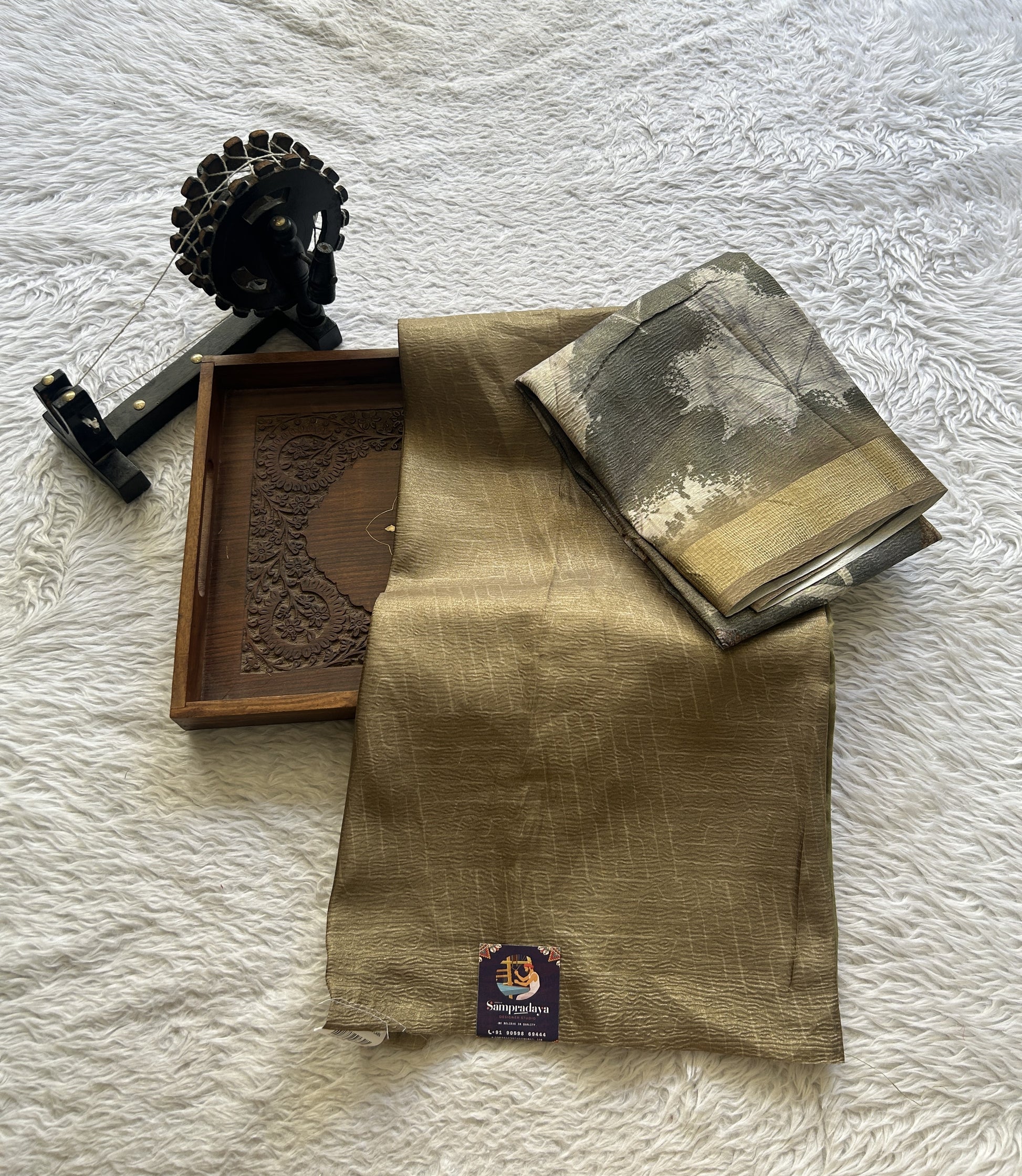 Semi Tussar Silk Dress Material Olive Green Colored Complemented with a Borderless. - Sampradaya Designer Studio