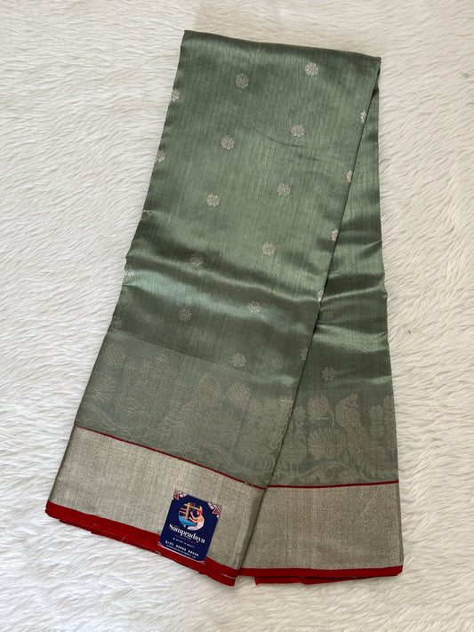 Chanderi Pattu Saree Mint Green colored saree complemented with a Silver Zari border - Sampradaya Designer Studio