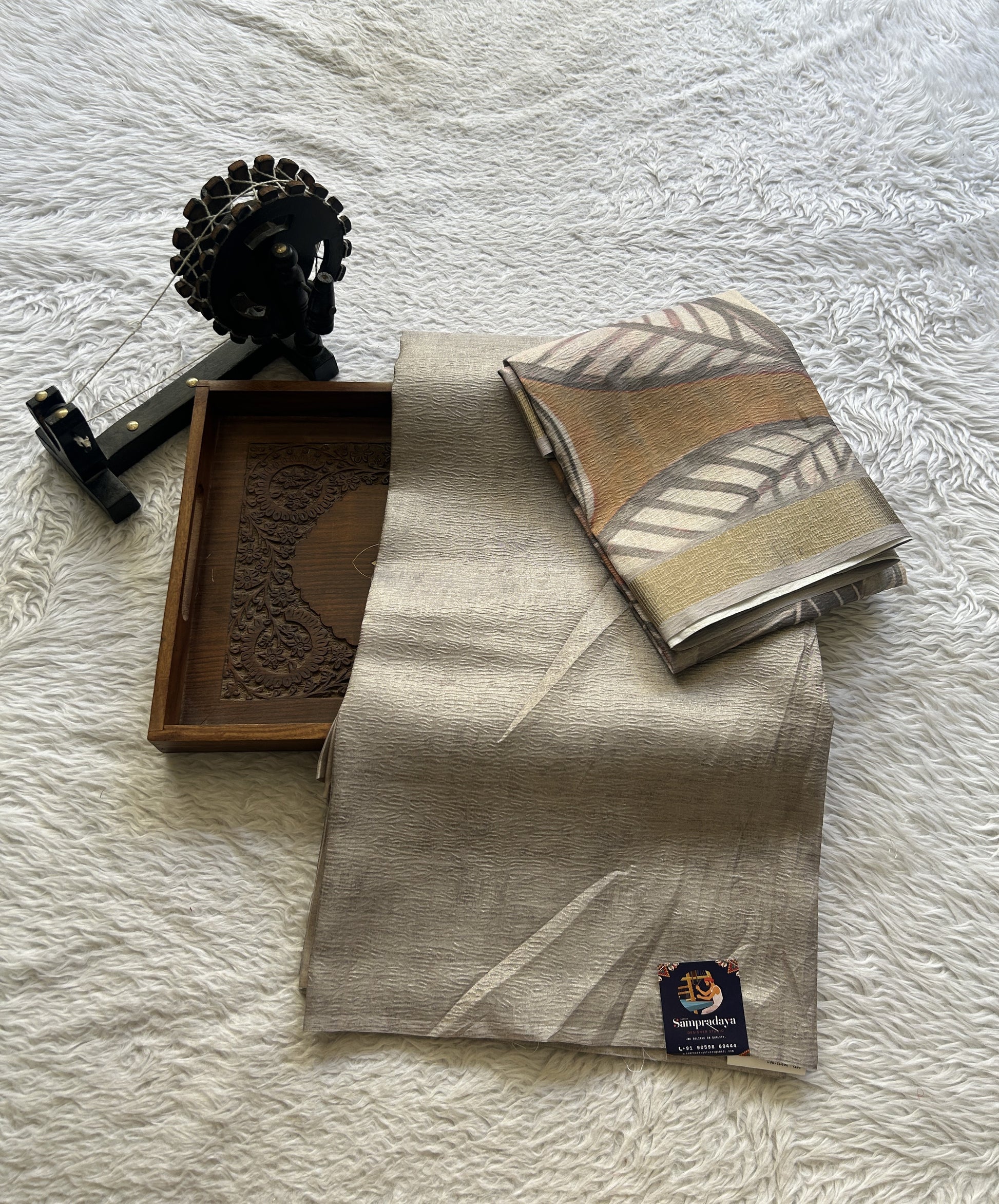 Semi Tussar Silk Dress Material Ash Colored Complemented with a Borderless. - Sampradaya Designer Studio