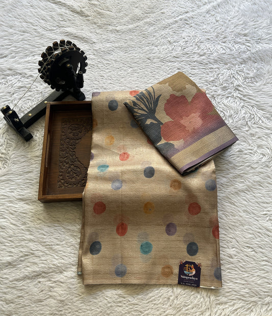 Semi Tussar Silk Dress Material Beige Colored Complemented with a Borderless. - Sampradaya Designer Studio