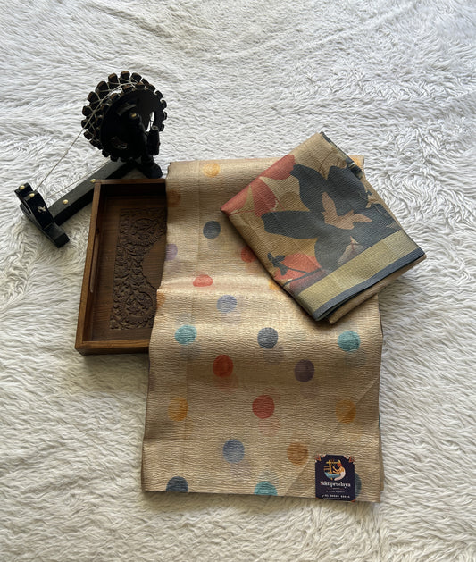 Semi Tussar Silk Dress Material Biscuit Colored Complemented with a Borderless. - Sampradaya Designer Studio