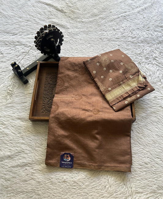 Tussar Silk Dress Material Brown Colored Elegantly with a Borderless. - Sampradaya Designer Studio