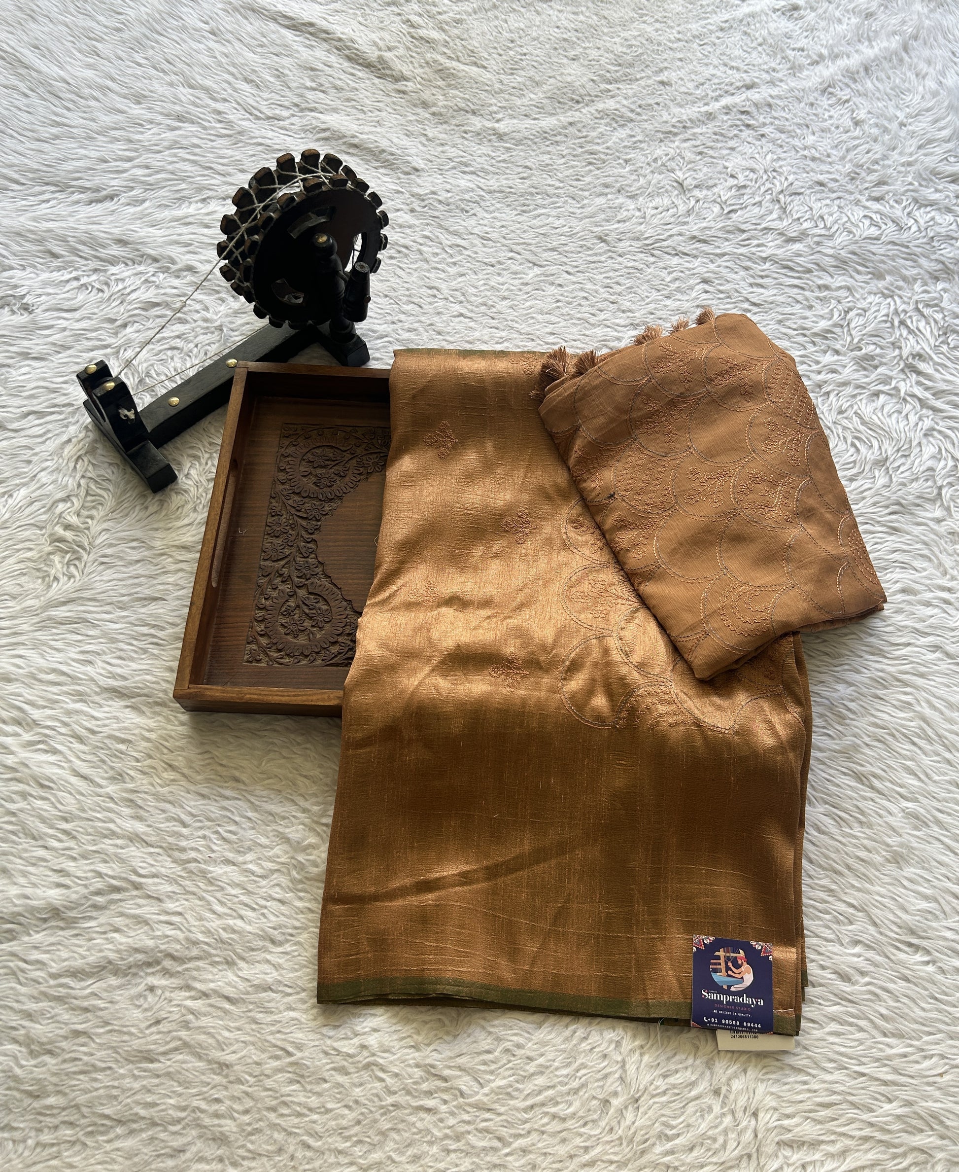 Tussar Silk Dress Material Rust Colored Elegantly with a Borderless. - Sampradaya Designer Studio