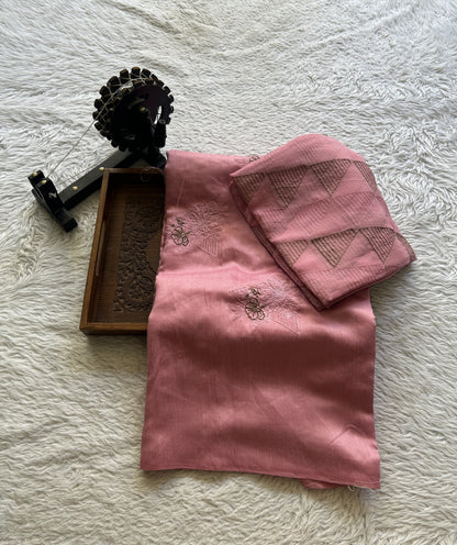 Tussar Silk Dress Material Pink Colored Elegantly with a Borderless. - Sampradaya Designer Studio