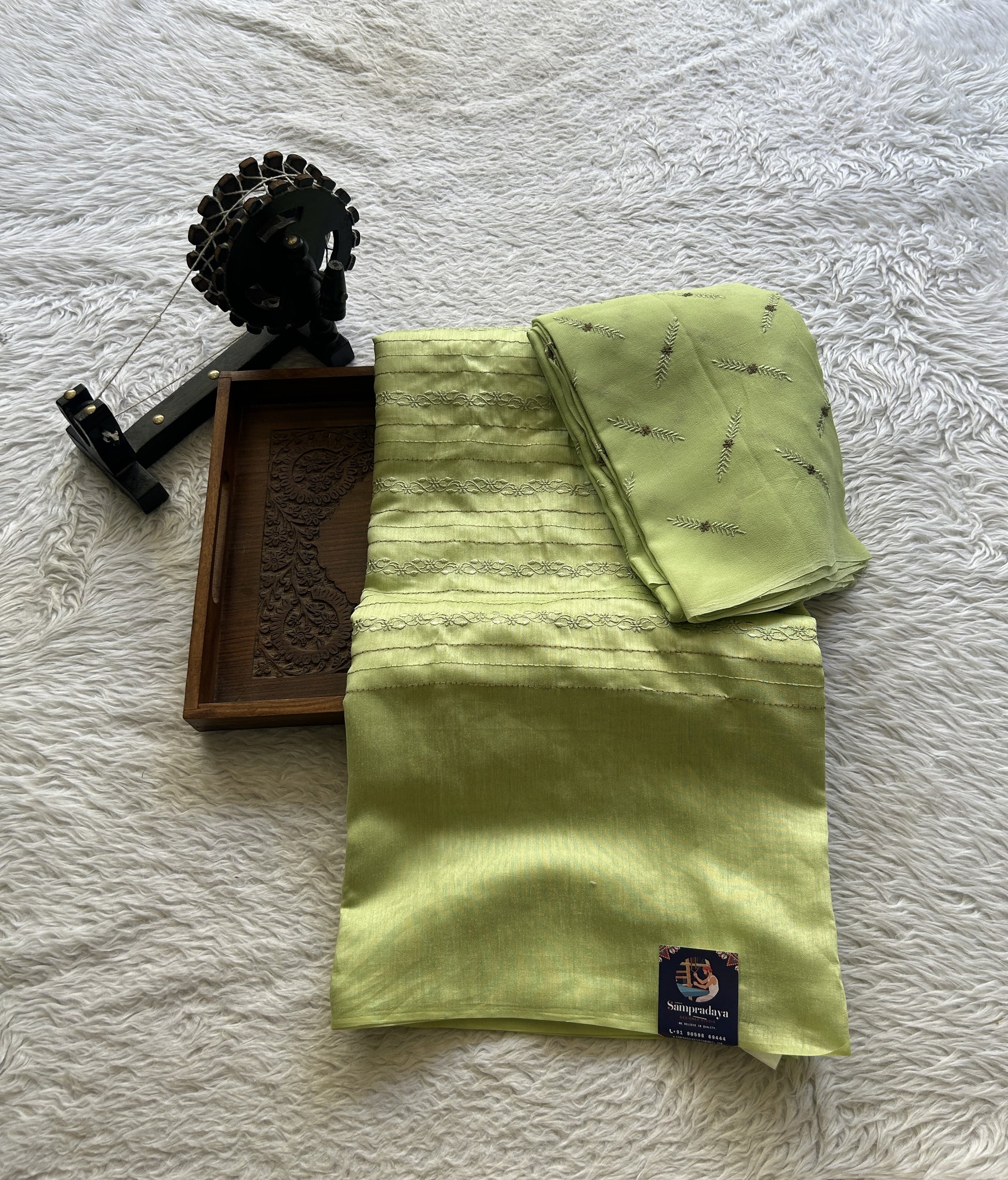 Tussar Silk Dress Material Light Green Colored Elegantly with a Borderless. - Sampradaya Designer Studio