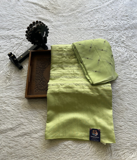 Tussar Silk Dress Material Light Green Colored Elegantly with a Borderless. - Sampradaya Designer Studio