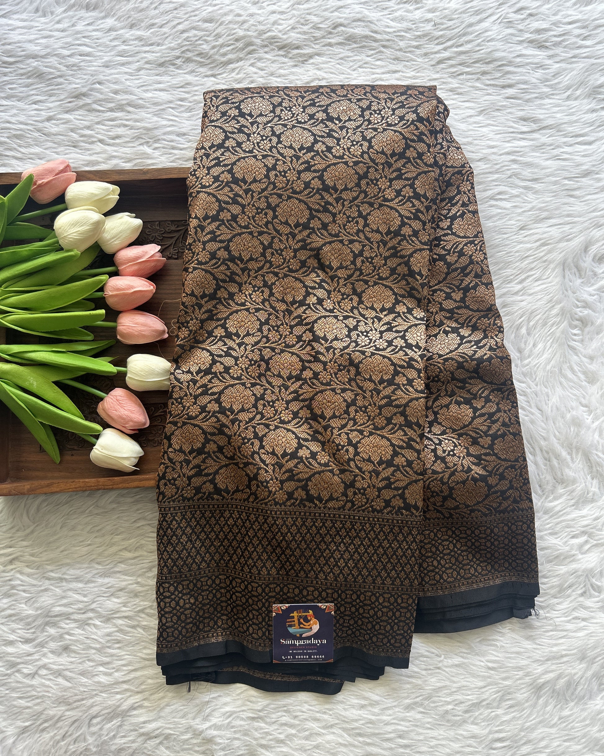 Banarasi Semi Katan Saree Black Colored Complemented with a Zari Border. - Sampradaya Designer Studio