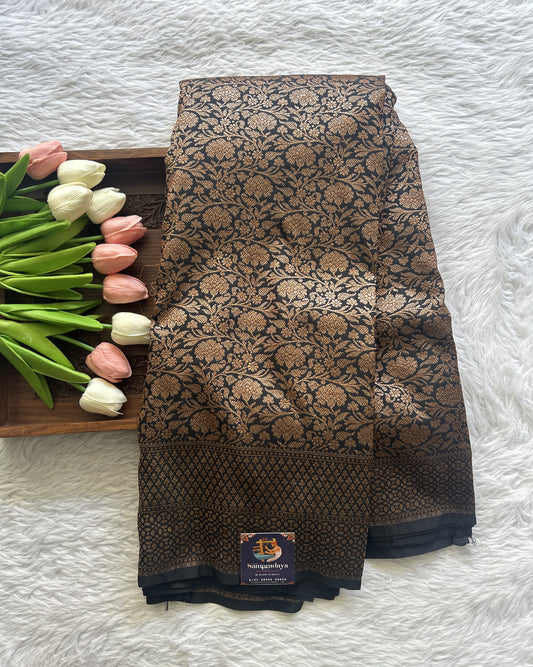 Banarasi Semi Katan Saree Black Colored Complemented with a Zari Border. - Sampradaya Designer Studio