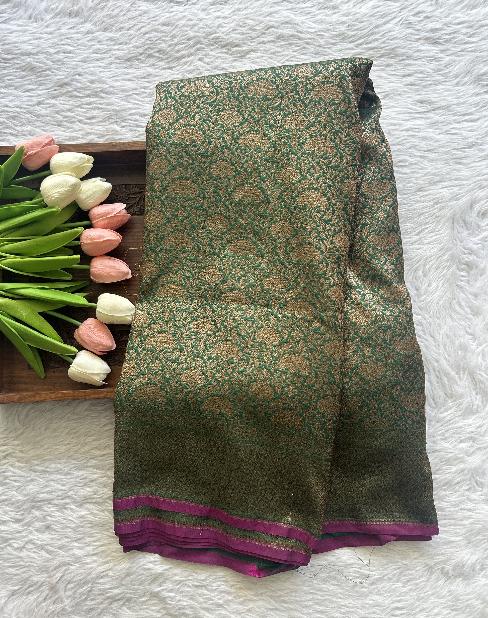 Banarasi Semi Katan Saree Green Colored Complemented with a Zari Border. - Sampradaya Designer Studio