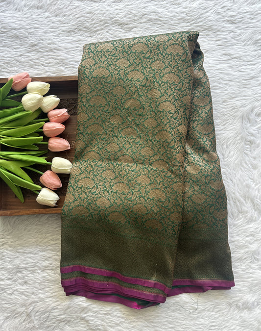 Banarasi Semi Katan Saree Green Colored Complemented with a Zari Border. - Sampradaya Designer Studio