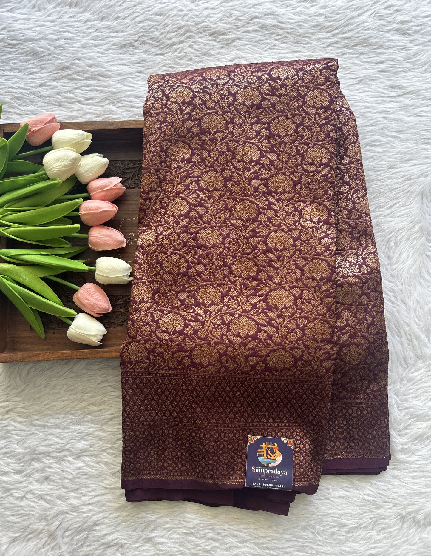 Banarasi Semi Katan Saree Dark Maroon Colored Complemented with a Zari Border. - Sampradaya Designer Studio