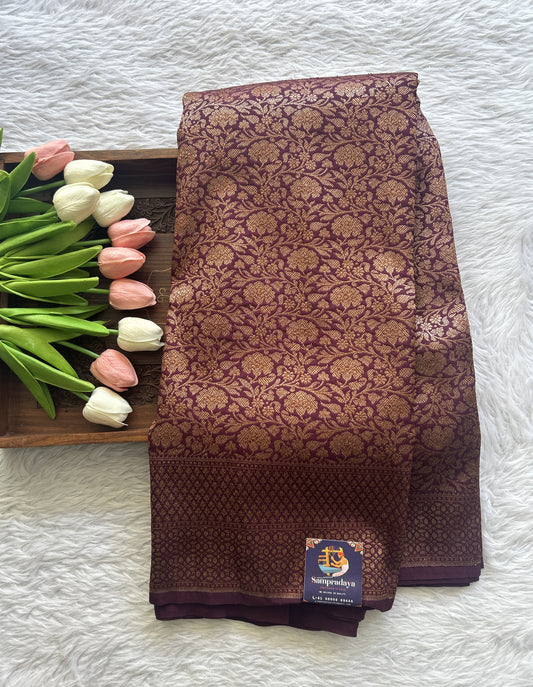 Banarasi Semi Katan Saree Dark Maroon Colored Complemented with a Zari Border. - Sampradaya Designer Studio