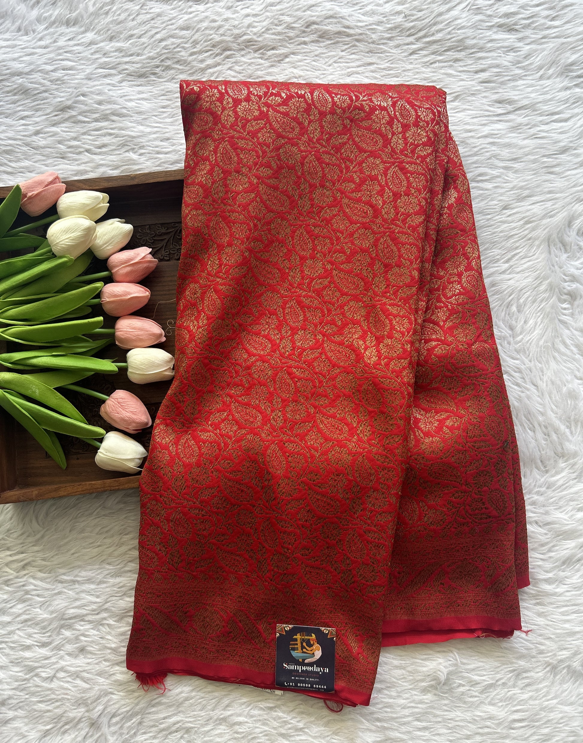 Banarasi Semi Katan Saree Red Colored Complemented with a Zari Border. - Sampradaya Designer Studio