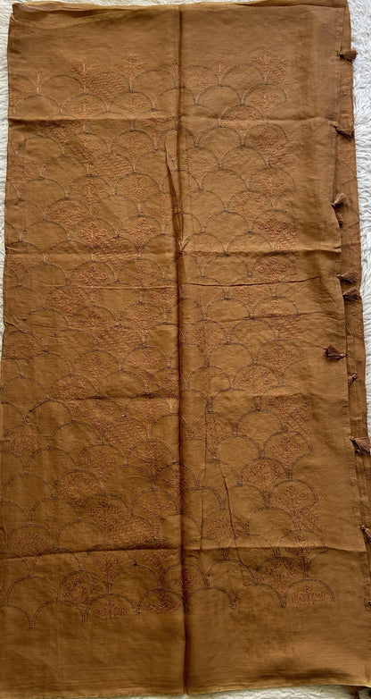 Tussar Silk Dress Material Rust Colored Elegantly with a Borderless. - Sampradaya Designer Studio