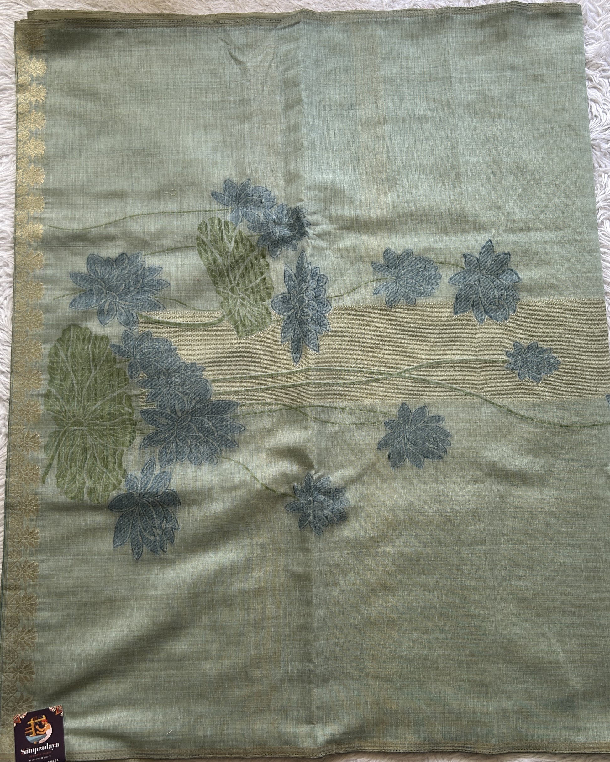 Semi Tussar Silk Dress Material Sea Green Colored Elegantly with a Borderless. - Sampradaya Designer Studio