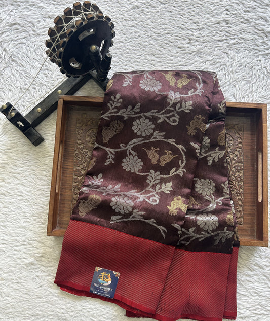 Chanderi Silk Saree Brown color Elegantly Paired with a Silver Zari border - Sampradaya Designer Studio