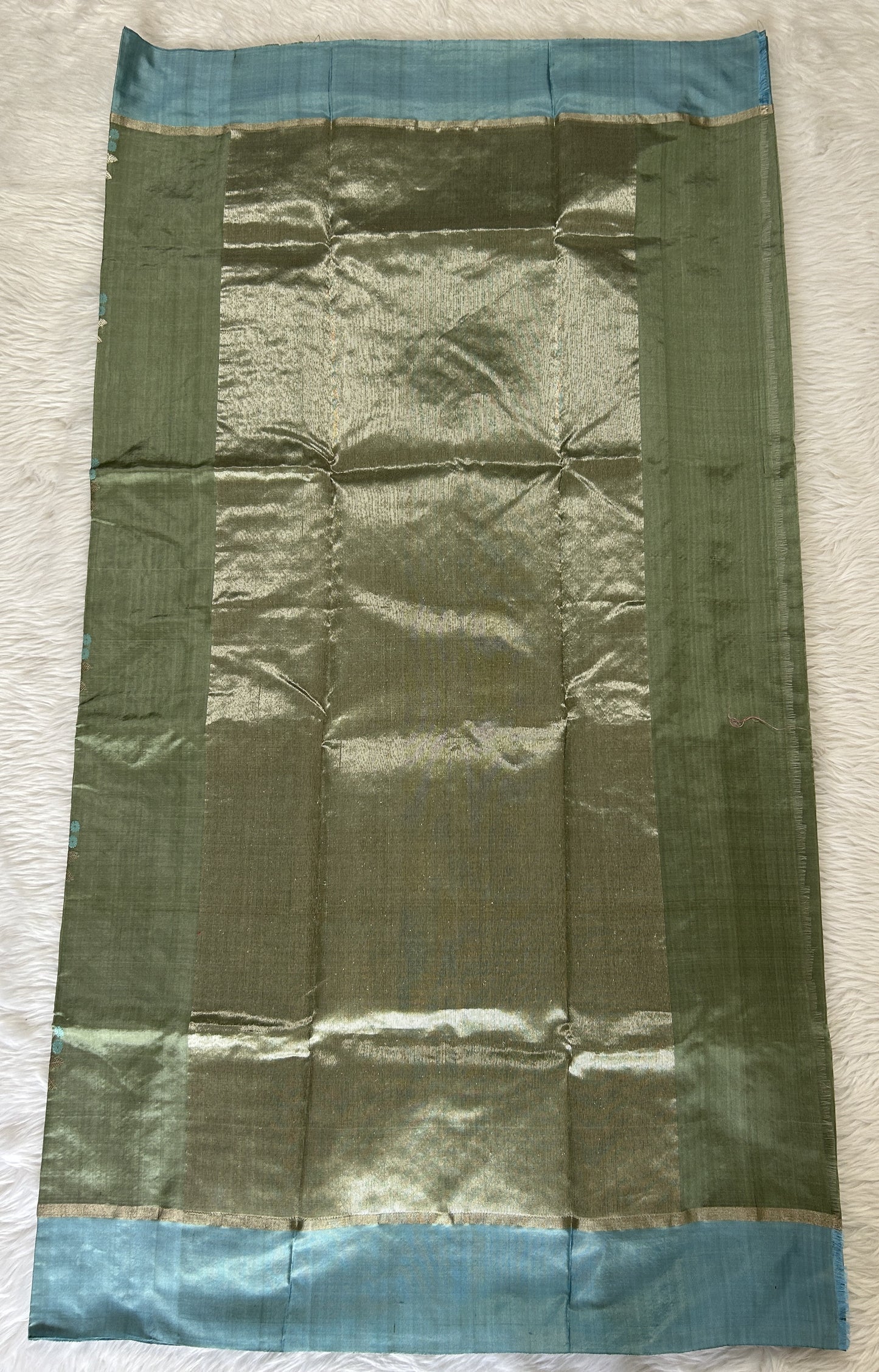 Chanderi Pattu Saree Light Olive Green colored saree complemented with a Sky Blue Plain border - Sampradaya Designer Studio