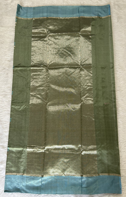 Chanderi Pattu Saree Light Olive Green colored saree complemented with a Sky Blue Plain border - Sampradaya Designer Studio