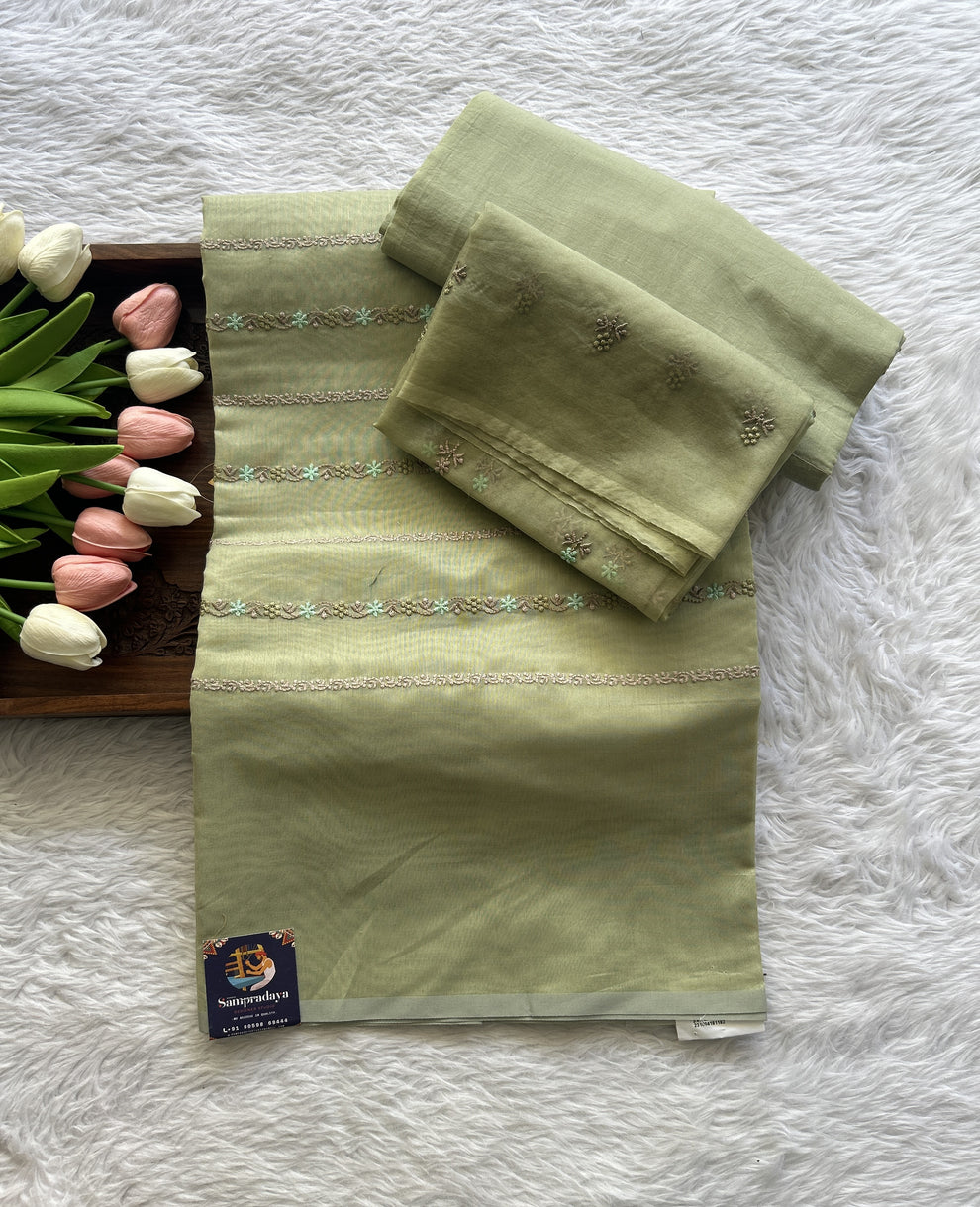 Semi Tussar Silk Unstitched Dress Material  - Green & Blue Color main image 0