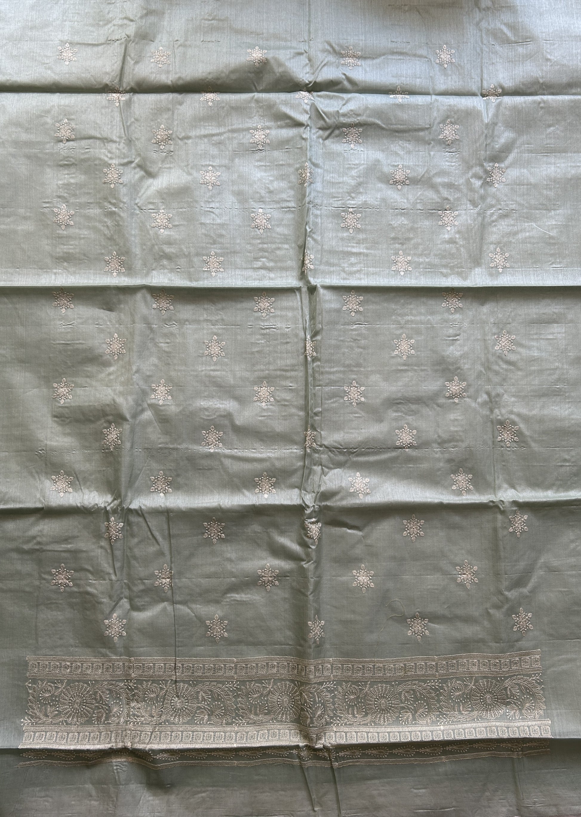 Tussar Silk Dress Material Sea Green Colored Complemented with a Embroidery Border. - Sampradaya Designer Studio