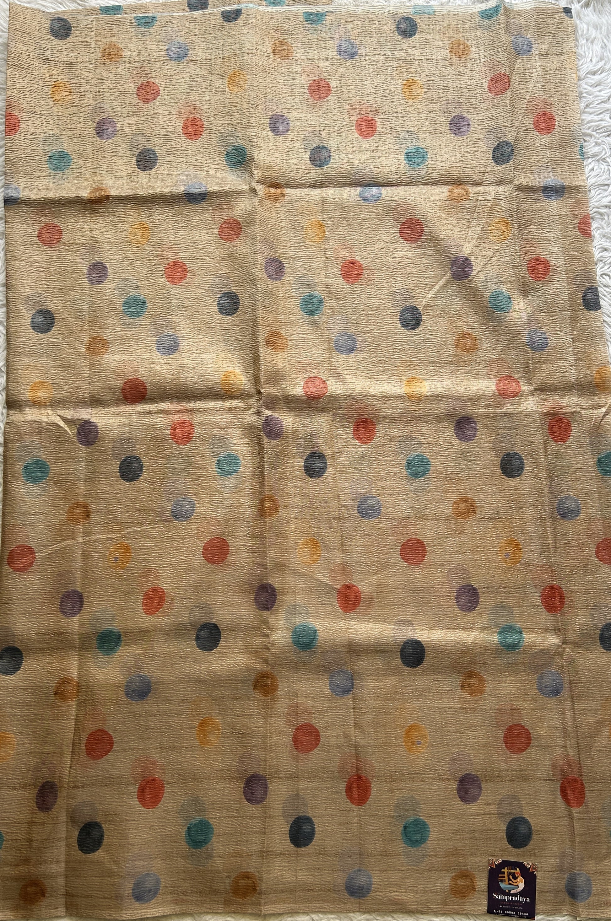 Semi Tussar Silk Dress Material Beige Colored Complemented with a Borderless. - Sampradaya Designer Studio