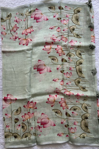 Linen Dress Material Sea Green Colored Complemented with a Zari Border. - Sampradaya Designer Studio