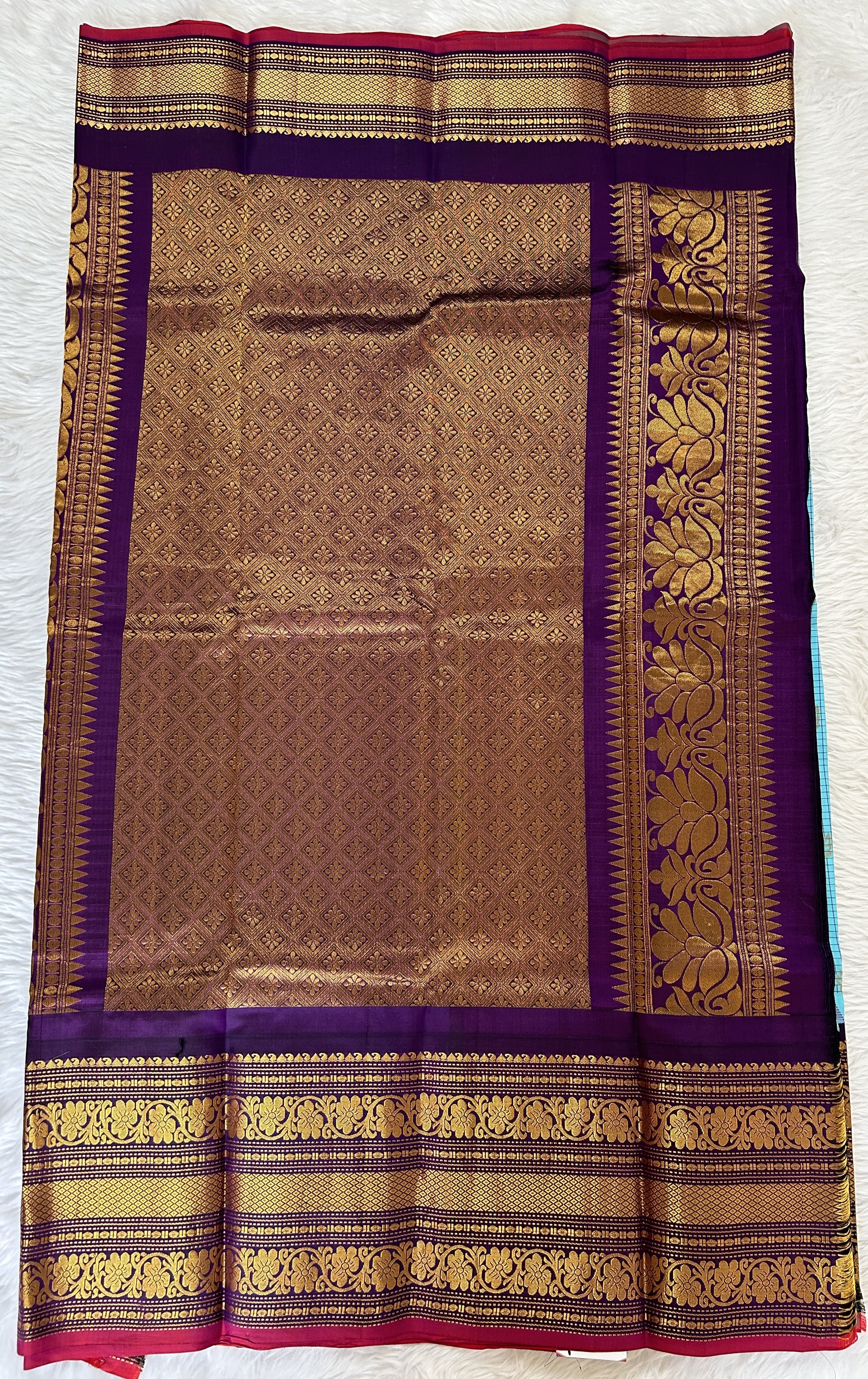 Gadwal Pattu Saree Fountain Blue colored saree complemented with a Dark Violet Kanchi Border - Sampradaya Designer Studio