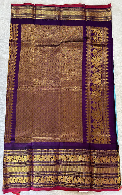 Gadwal Pattu Saree Fountain Blue colored saree complemented with a Dark Violet Kanchi Border - Sampradaya Designer Studio