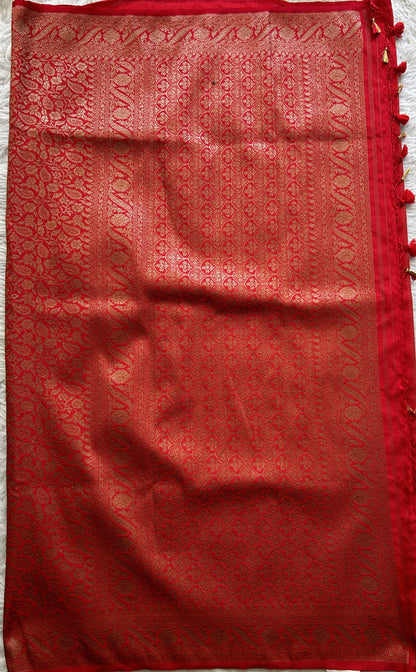 Banarasi Semi Katan Saree Red Colored Complemented with a Zari Border. - Sampradaya Designer Studio