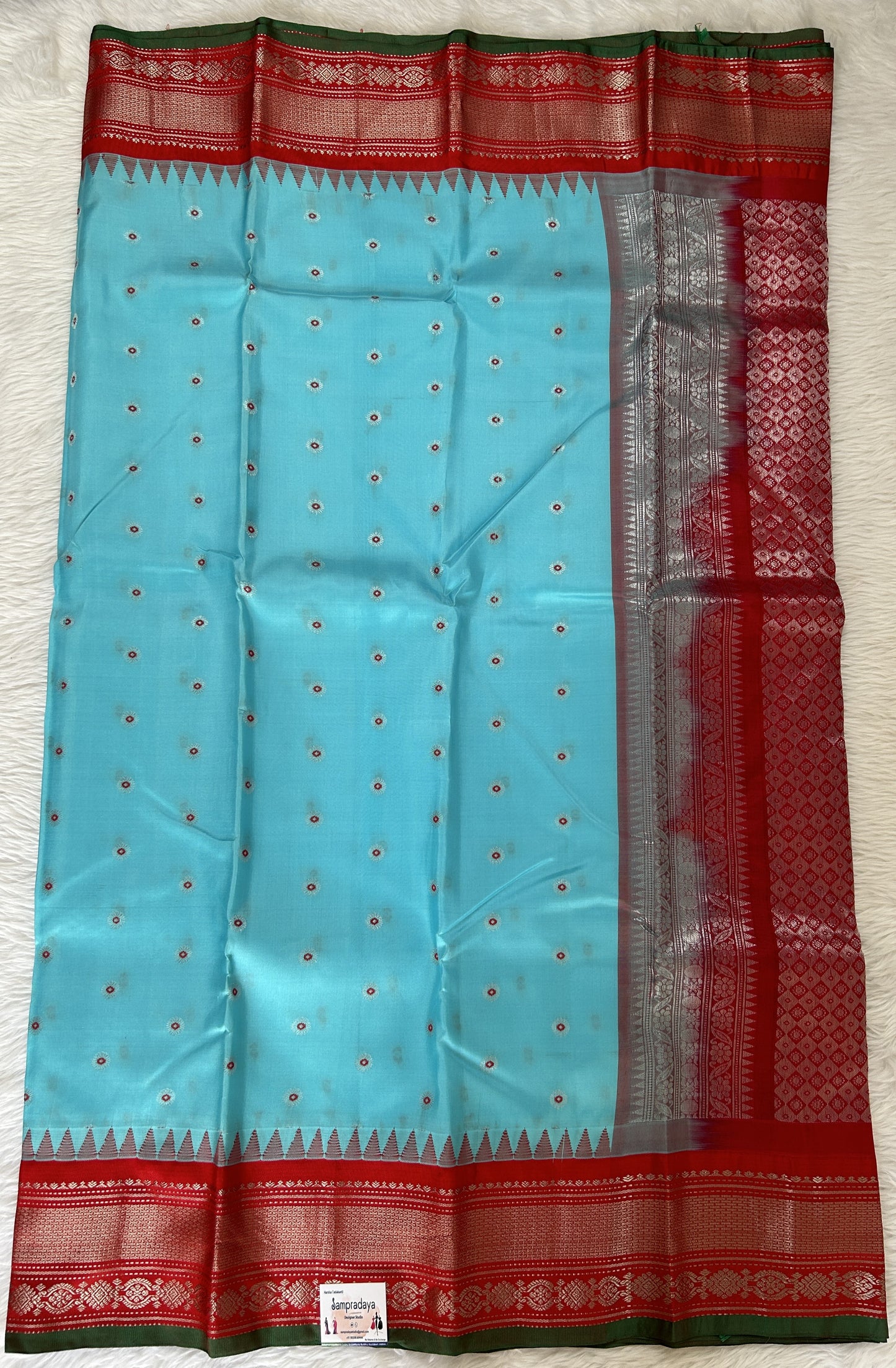 Gadwal Pattu Saree Sky Blue colored saree complemented with a Red Kanchi Border - Sampradaya Designer Studio