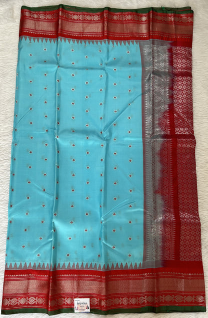 Gadwal Pattu Saree Sky Blue colored saree complemented with a Red Kanchi Border - Sampradaya Designer Studio