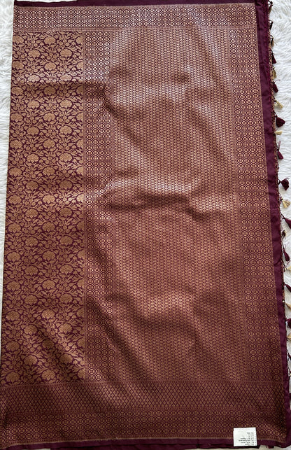 Banarasi Semi Katan Saree Dark Maroon Colored Complemented with a Zari Border. - Sampradaya Designer Studio