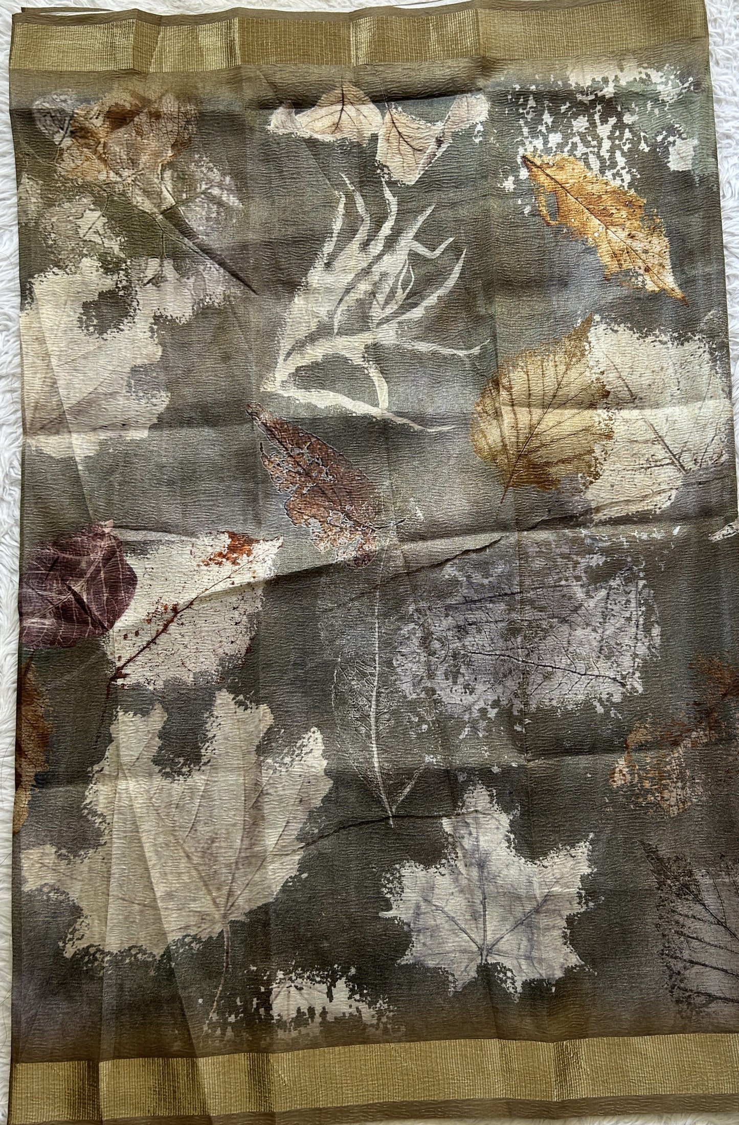 Semi Tussar Silk Dress Material Olive Green Colored Complemented with a Borderless. - Sampradaya Designer Studio