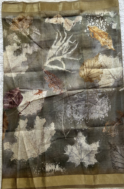 Semi Tussar Silk Dress Material Olive Green Colored Complemented with a Borderless. - Sampradaya Designer Studio