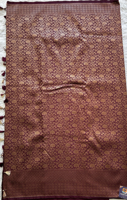 Banarasi Semi Katan Saree Dark Maroon Colored Complemented with a Zari Border. - Sampradaya Designer Studio