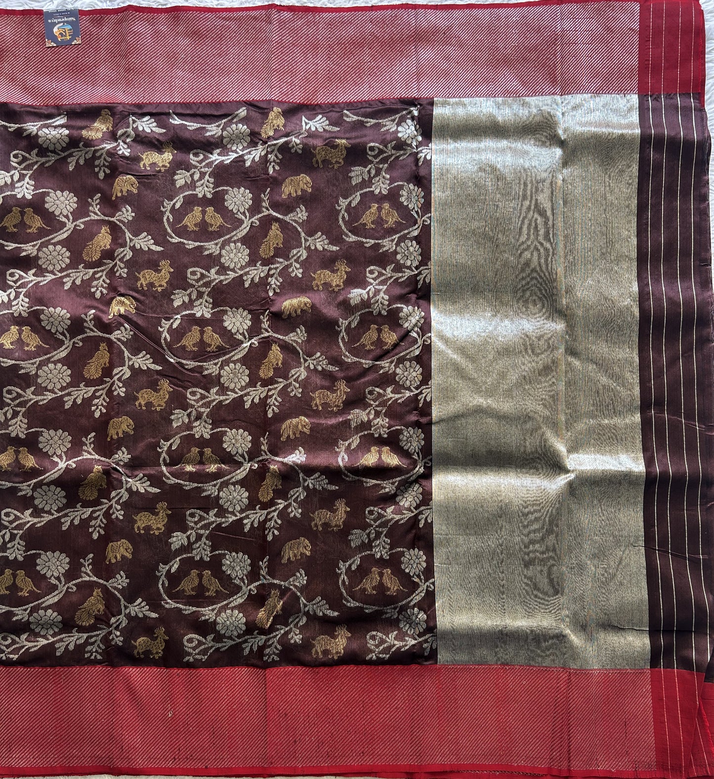 Chanderi Silk Saree Brown color Elegantly Paired with a Silver Zari border - Sampradaya Designer Studio