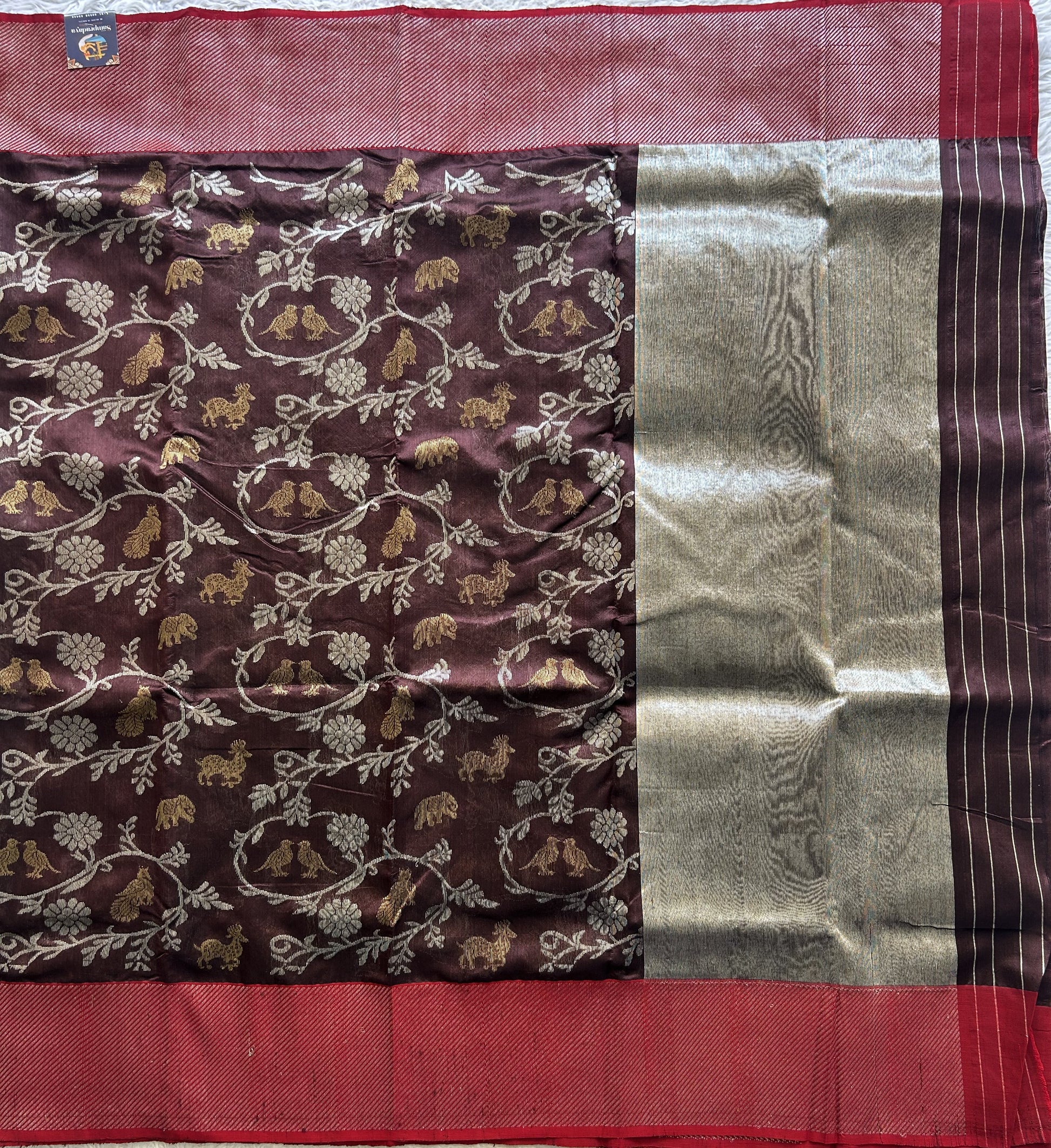 Chanderi Silk Saree Brown color Elegantly Paired with a Silver Zari border - Sampradaya Designer Studio