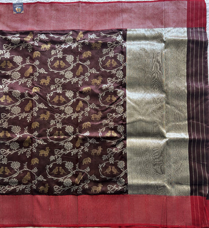 Chanderi Silk Saree Brown color Elegantly Paired with a Silver Zari border - Sampradaya Designer Studio