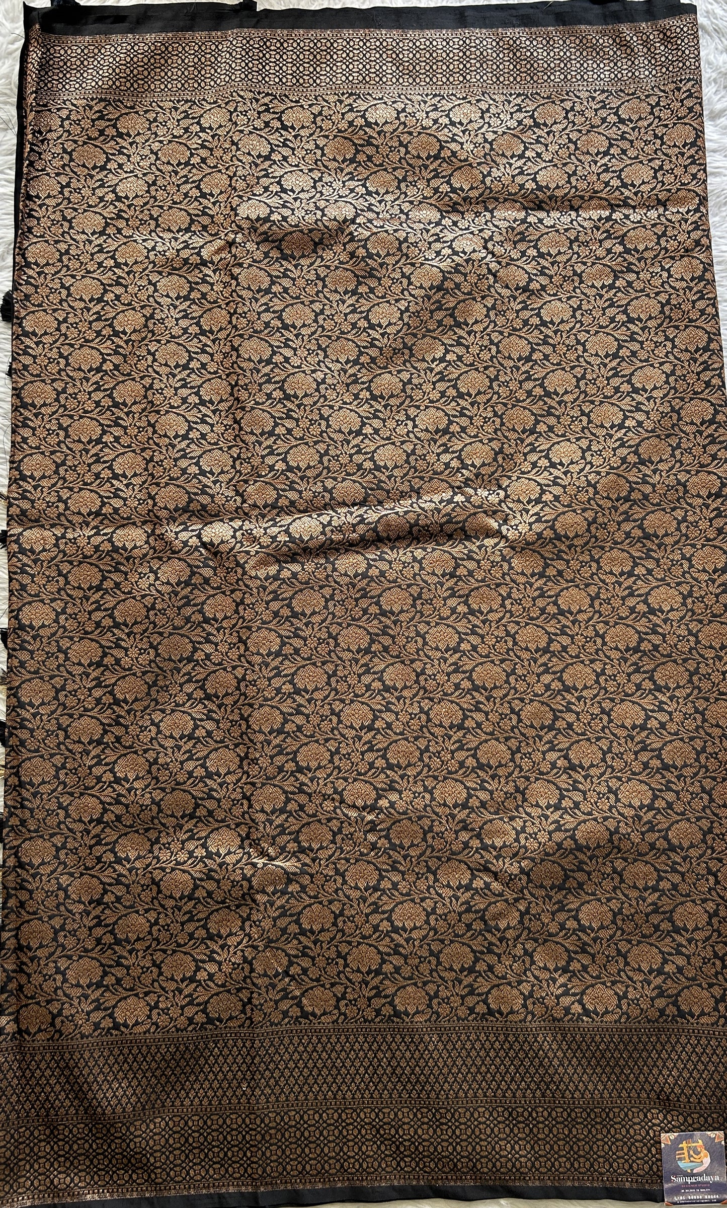 Banarasi Semi Katan Saree Black Colored Complemented with a Zari Border. - Sampradaya Designer Studio